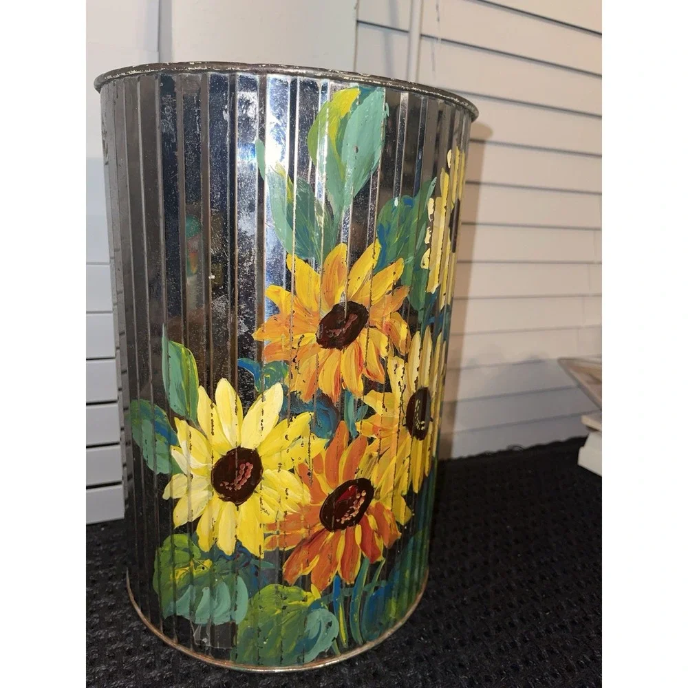 Vintage Hand Painted Tin/metal Trash Can Sunflowers Original Art